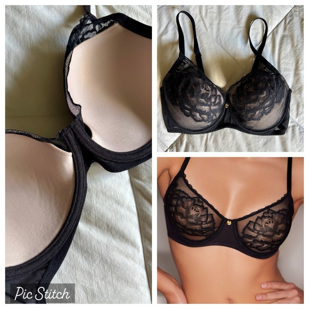 Natori Flora Contour Underwire T-Shirt Bra 721150 32DD Black Light Mocha EUC